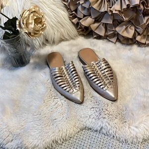 Crown Vintage Mitzi Metallic Muted Gold Woven Leather Pointy Slip-On Mule Flats